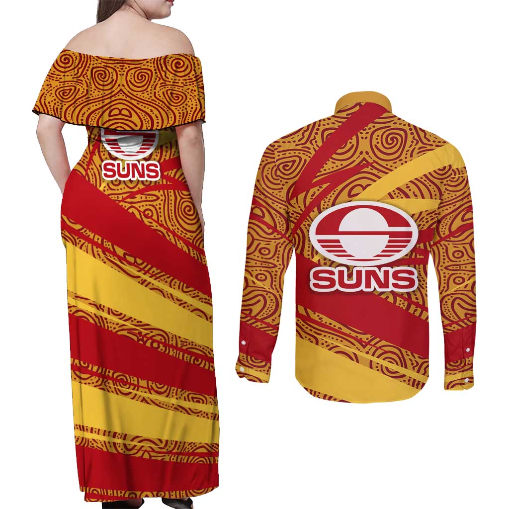 Gold Coast Suns Australian Football Couples Matching Off Shoulder Maxi Dress and Long Sleeve Button Shirt Sunny Hero Mascot With Indigenous Pattern Art