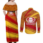 Gold Coast Suns Australian Football Couples Matching Off Shoulder Maxi Dress and Long Sleeve Button Shirt Sunny Hero Mascot With Indigenous Pattern Art