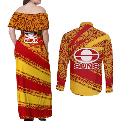Gold Coast Suns Australian Football Couples Matching Off Shoulder Maxi Dress and Long Sleeve Button Shirt Sunny Hero Mascot With Indigenous Pattern Art
