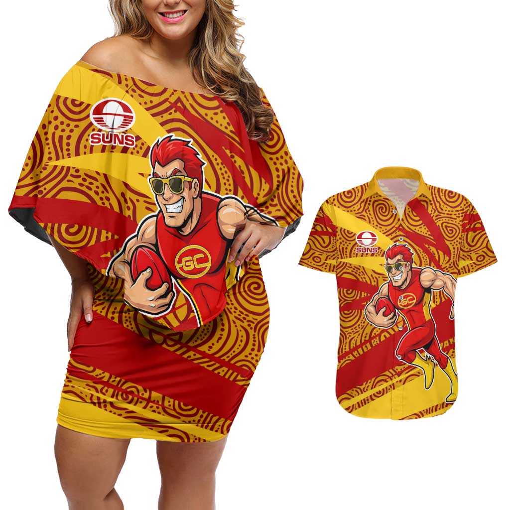 Gold Coast Suns Australian Football Couples Matching Off Shoulder Short Dress and Hawaiian Shirt Sunny Hero Mascot With Indigenous Pattern Art