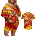 Gold Coast Suns Australian Football Couples Matching Off Shoulder Short Dress and Hawaiian Shirt Sunny Hero Mascot With Indigenous Pattern Art