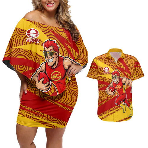 Gold Coast Suns Australian Football Couples Matching Off Shoulder Short Dress and Hawaiian Shirt Sunny Hero Mascot With Indigenous Pattern Art