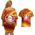 Gold Coast Suns Australian Football Couples Matching Off Shoulder Short Dress and Hawaiian Shirt Sunny Hero Mascot With Indigenous Pattern Art
