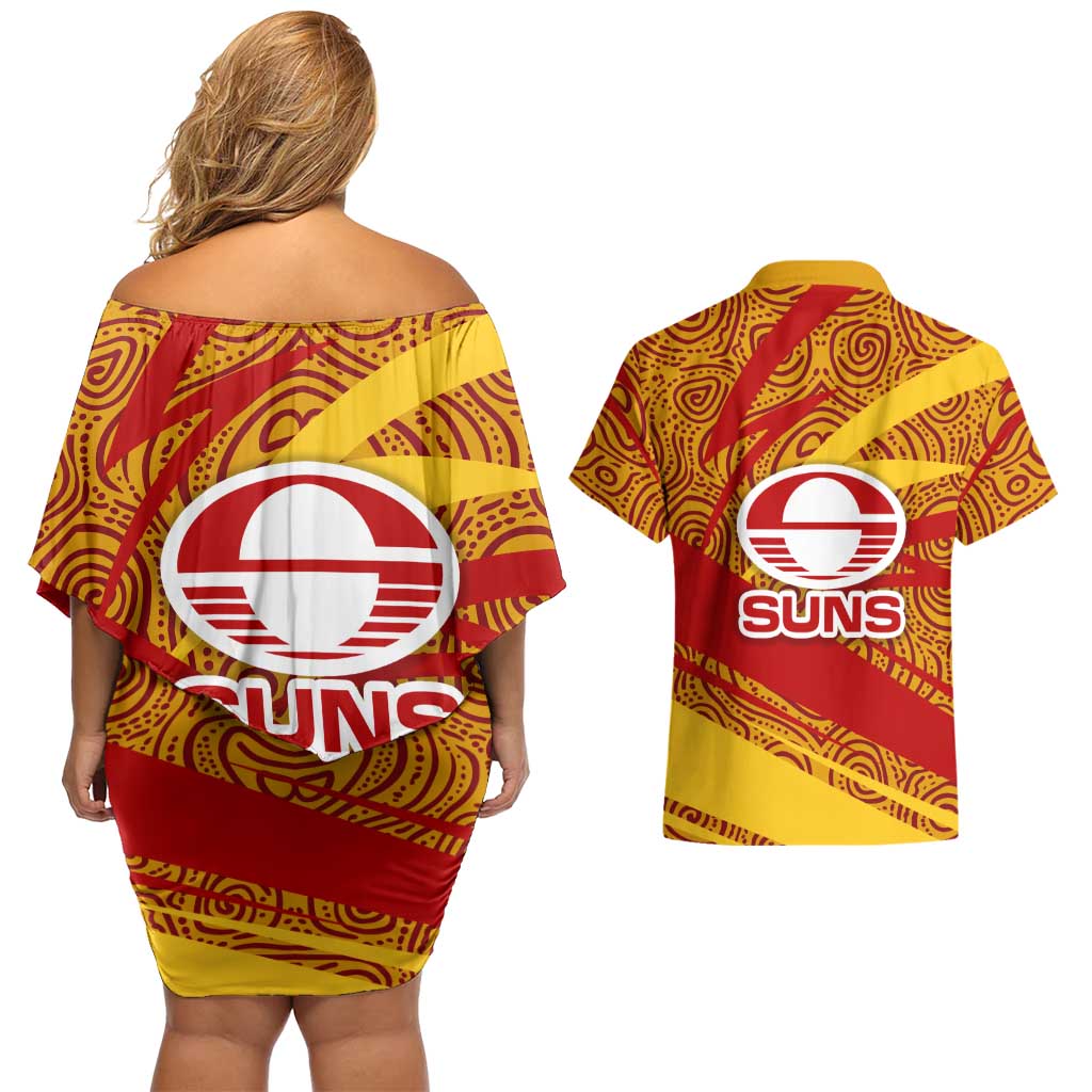 Gold Coast Suns Australian Football Couples Matching Off Shoulder Short Dress and Hawaiian Shirt Sunny Hero Mascot With Indigenous Pattern Art