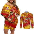 Gold Coast Suns Australian Football Couples Matching Off Shoulder Short Dress and Long Sleeve Button Shirt Sunny Hero Mascot With Indigenous Pattern Art