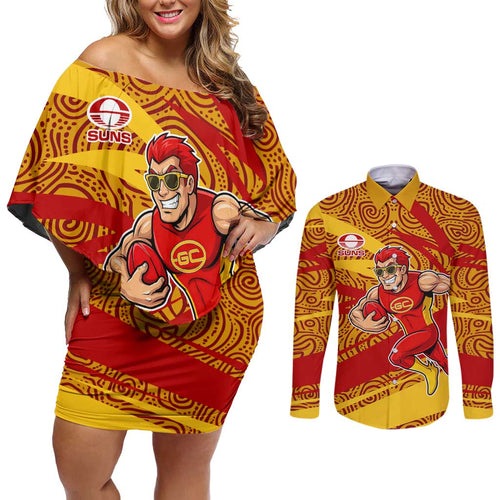 Gold Coast Suns Australian Football Couples Matching Off Shoulder Short Dress and Long Sleeve Button Shirt Sunny Hero Mascot With Indigenous Pattern Art