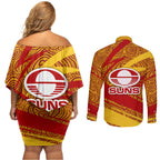 Gold Coast Suns Australian Football Couples Matching Off Shoulder Short Dress and Long Sleeve Button Shirt Sunny Hero Mascot With Indigenous Pattern Art