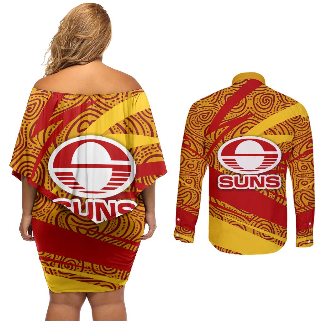 Gold Coast Suns Australian Football Couples Matching Off Shoulder Short Dress and Long Sleeve Button Shirt Sunny Hero Mascot With Indigenous Pattern Art