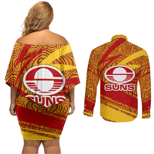 Gold Coast Suns Australian Football Couples Matching Off Shoulder Short Dress and Long Sleeve Button Shirt Sunny Hero Mascot With Indigenous Pattern Art