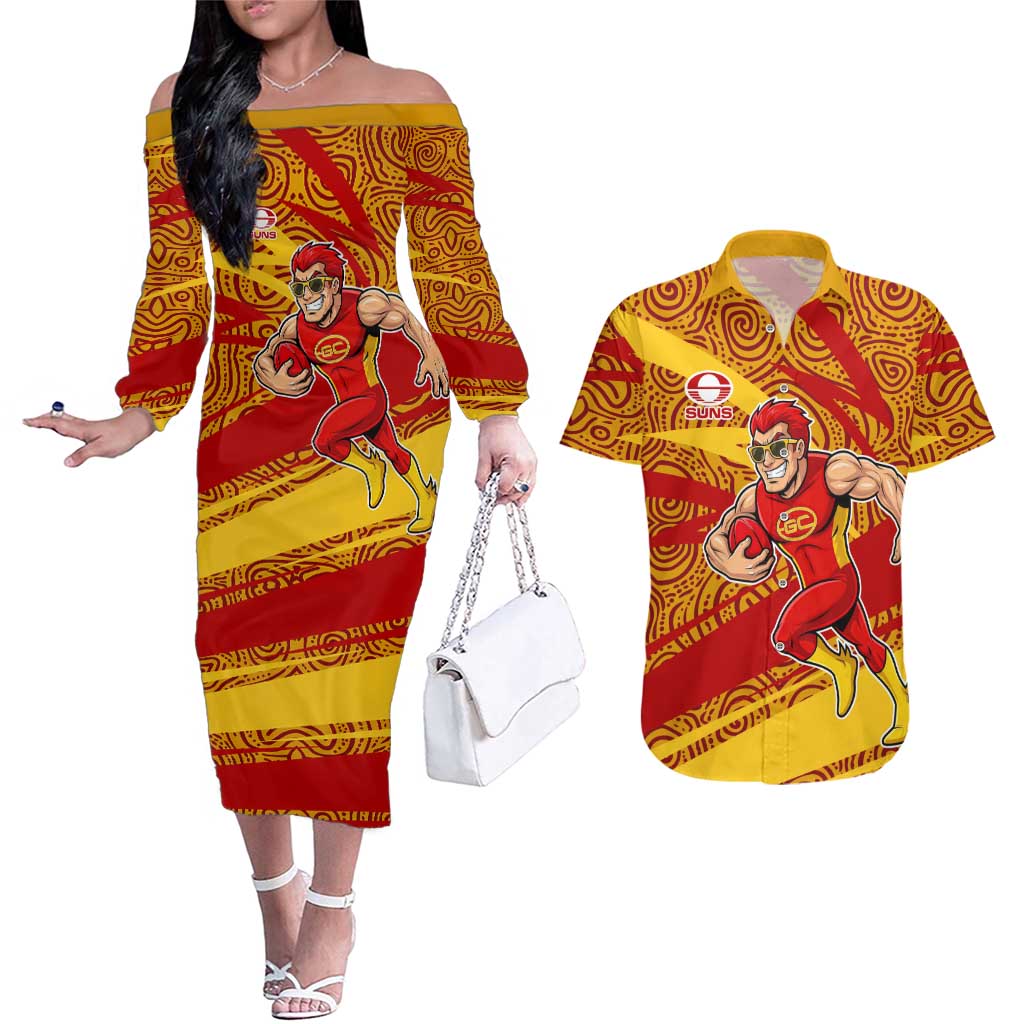 Gold Coast Suns Australian Football Couples Matching Off The Shoulder Long Sleeve Dress and Hawaiian Shirt Sunny Hero Mascot With Indigenous Pattern Art