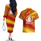 Gold Coast Suns Australian Football Couples Matching Off The Shoulder Long Sleeve Dress and Hawaiian Shirt Sunny Hero Mascot With Indigenous Pattern Art