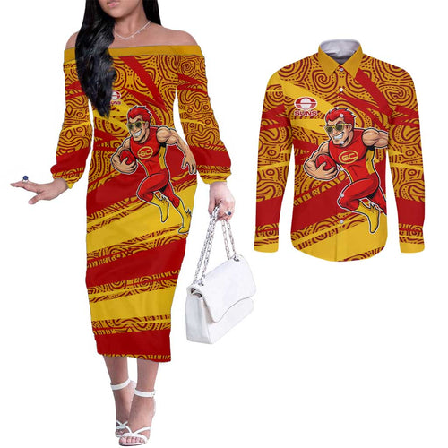 Gold Coast Suns Australian Football Couples Matching Off The Shoulder Long Sleeve Dress and Long Sleeve Button Shirt Sunny Hero Mascot With Indigenous Pattern Art