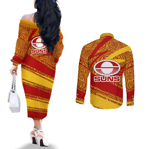Gold Coast Suns Australian Football Couples Matching Off The Shoulder Long Sleeve Dress and Long Sleeve Button Shirt Sunny Hero Mascot With Indigenous Pattern Art