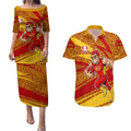 Gold Coast Suns Australian Football Couples Matching Puletasi and Hawaiian Shirt Sunny Hero Mascot With Indigenous Pattern Art