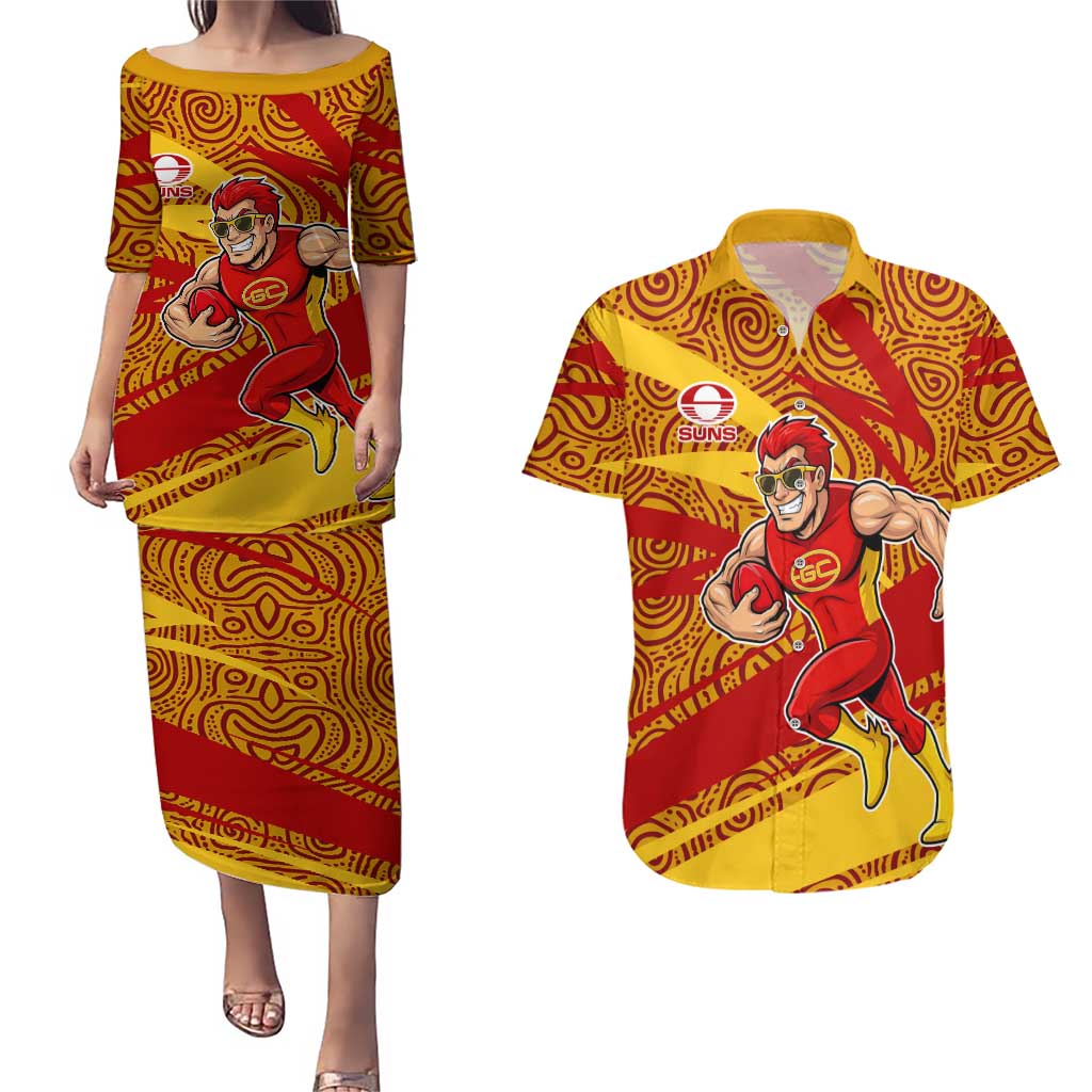 Gold Coast Suns Australian Football Couples Matching Puletasi and Hawaiian Shirt Sunny Hero Mascot With Indigenous Pattern Art