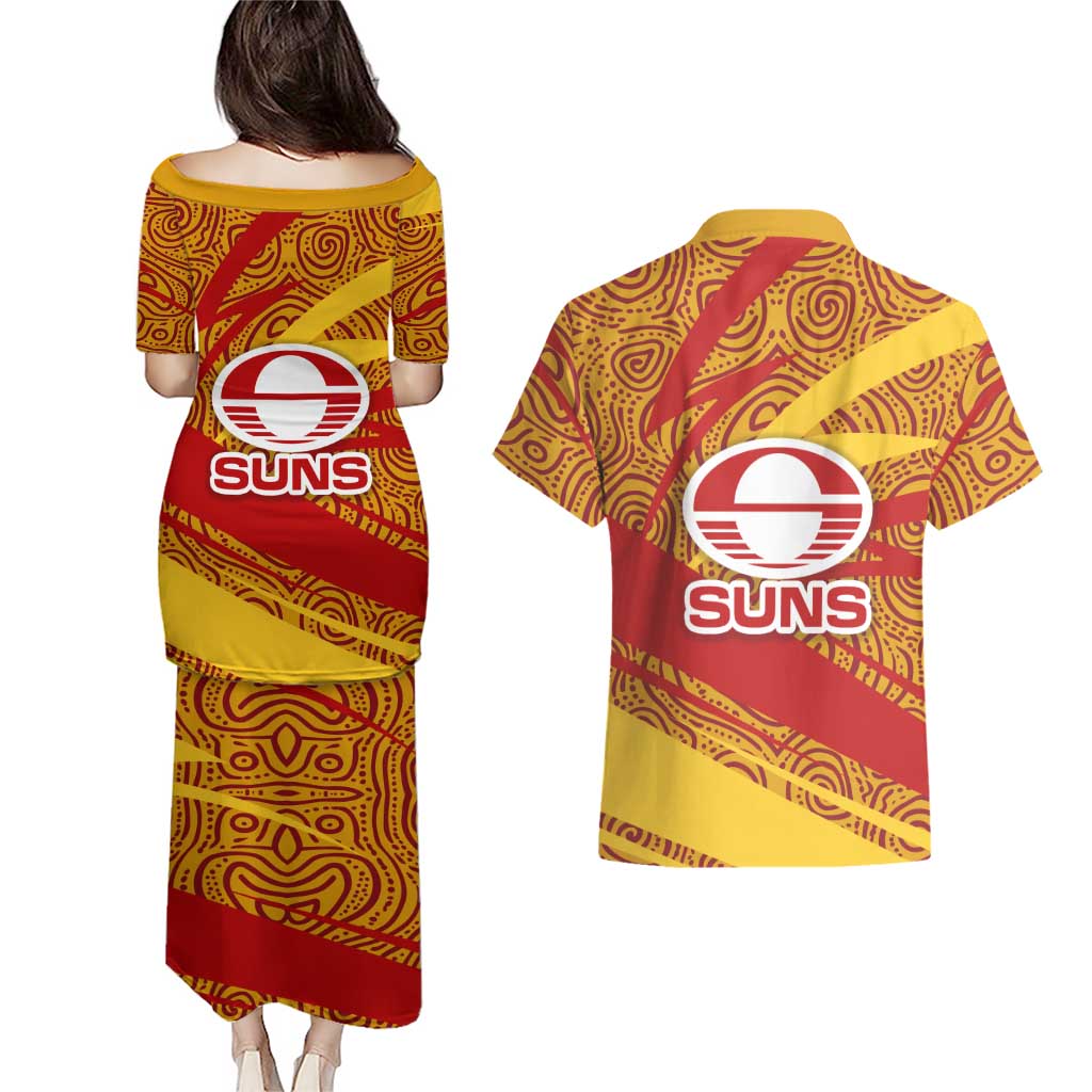 Gold Coast Suns Australian Football Couples Matching Puletasi and Hawaiian Shirt Sunny Hero Mascot With Indigenous Pattern Art
