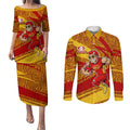 Gold Coast Suns Australian Football Couples Matching Puletasi and Long Sleeve Button Shirt Sunny Hero Mascot With Indigenous Pattern Art