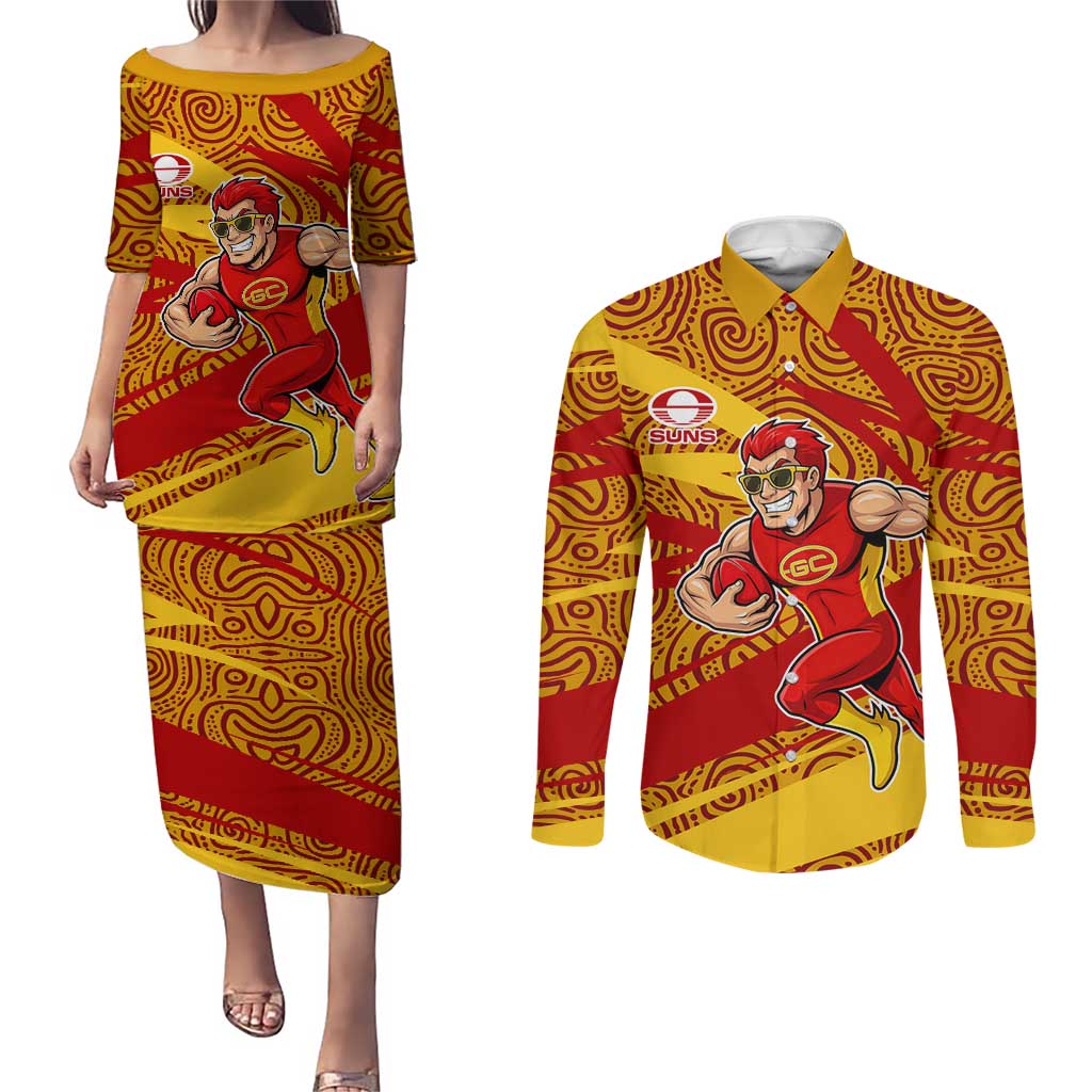 Gold Coast Suns Australian Football Couples Matching Puletasi and Long Sleeve Button Shirt Sunny Hero Mascot With Indigenous Pattern Art