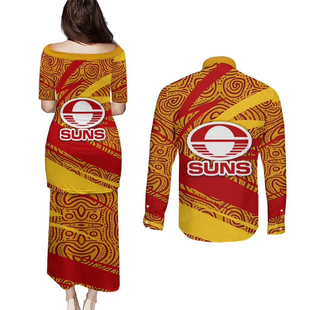 Gold Coast Suns Australian Football Couples Matching Puletasi and Long Sleeve Button Shirt Sunny Hero Mascot With Indigenous Pattern Art