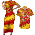 Gold Coast Suns Australian Football Couples Matching Short Sleeve Bodycon Dress and Hawaiian Shirt Sunny Hero Mascot With Indigenous Pattern Art