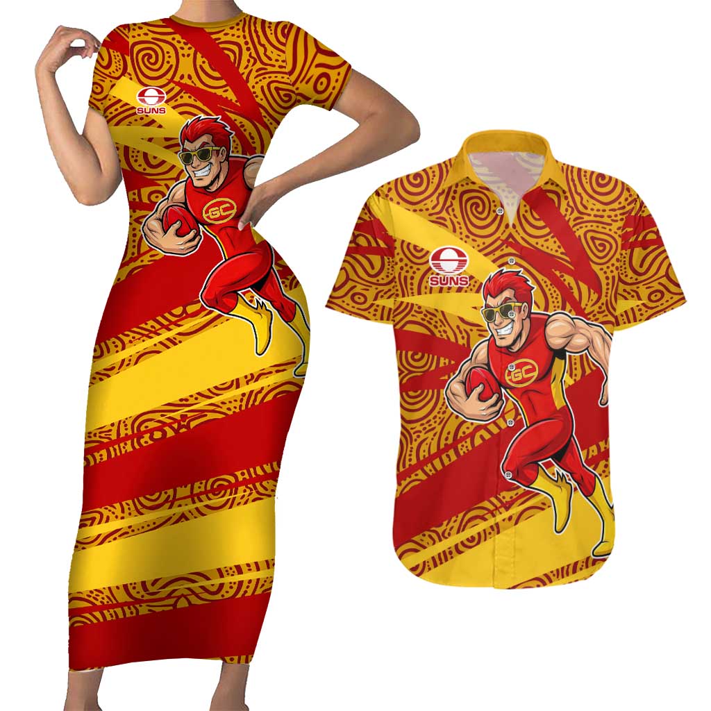 Gold Coast Suns Australian Football Couples Matching Short Sleeve Bodycon Dress and Hawaiian Shirt Sunny Hero Mascot With Indigenous Pattern Art