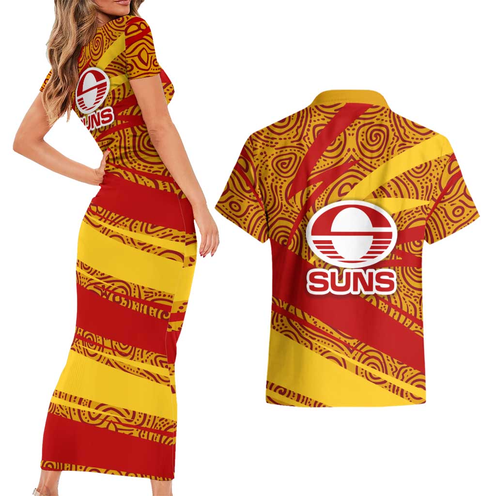 Gold Coast Suns Australian Football Couples Matching Short Sleeve Bodycon Dress and Hawaiian Shirt Sunny Hero Mascot With Indigenous Pattern Art