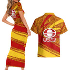 Gold Coast Suns Australian Football Couples Matching Short Sleeve Bodycon Dress and Hawaiian Shirt Sunny Hero Mascot With Indigenous Pattern Art