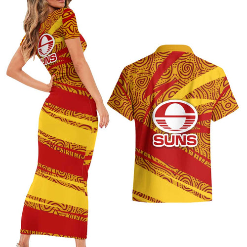 Gold Coast Suns Australian Football Couples Matching Short Sleeve Bodycon Dress and Hawaiian Shirt Sunny Hero Mascot With Indigenous Pattern Art