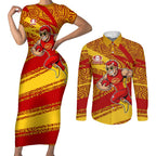 Gold Coast Suns Australian Football Couples Matching Short Sleeve Bodycon Dress and Long Sleeve Button Shirt Sunny Hero Mascot With Indigenous Pattern Art