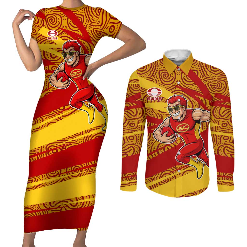 Gold Coast Suns Australian Football Couples Matching Short Sleeve Bodycon Dress and Long Sleeve Button Shirt Sunny Hero Mascot With Indigenous Pattern Art