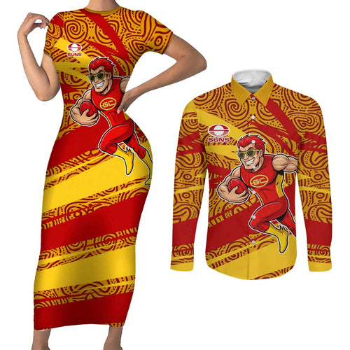 Gold Coast Suns Australian Football Couples Matching Short Sleeve Bodycon Dress and Long Sleeve Button Shirt Sunny Hero Mascot With Indigenous Pattern Art