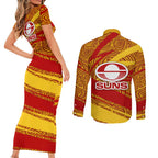 Gold Coast Suns Australian Football Couples Matching Short Sleeve Bodycon Dress and Long Sleeve Button Shirt Sunny Hero Mascot With Indigenous Pattern Art