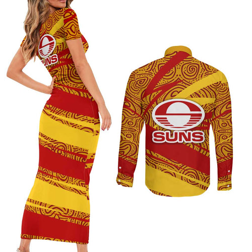 Gold Coast Suns Australian Football Couples Matching Short Sleeve Bodycon Dress and Long Sleeve Button Shirt Sunny Hero Mascot With Indigenous Pattern Art