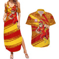 Gold Coast Suns Australian Football Couples Matching Summer Maxi Dress and Hawaiian Shirt Sunny Hero Mascot With Indigenous Pattern Art
