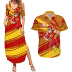 Gold Coast Suns Australian Football Couples Matching Summer Maxi Dress and Hawaiian Shirt Sunny Hero Mascot With Indigenous Pattern Art