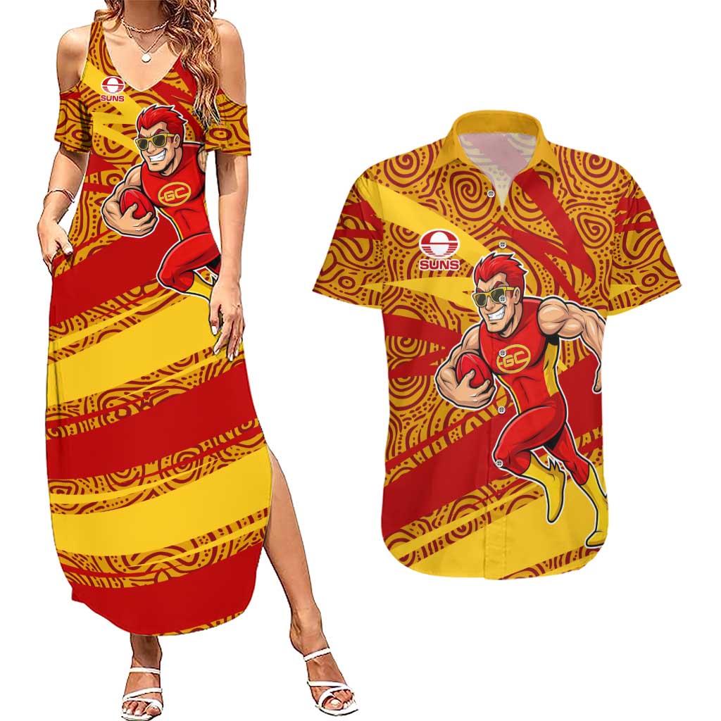 Gold Coast Suns Australian Football Couples Matching Summer Maxi Dress and Hawaiian Shirt Sunny Hero Mascot With Indigenous Pattern Art