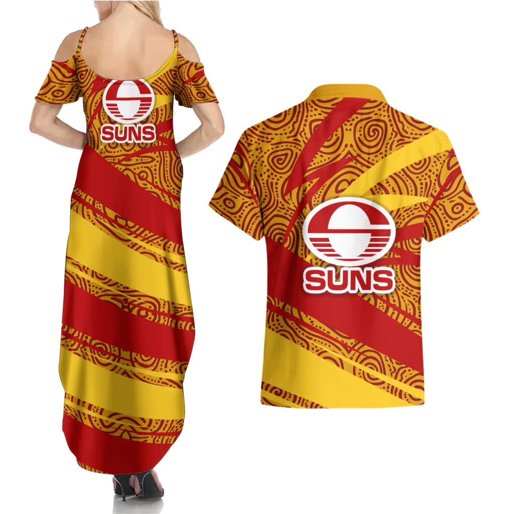 Gold Coast Suns Australian Football Couples Matching Summer Maxi Dress and Hawaiian Shirt Sunny Hero Mascot With Indigenous Pattern Art