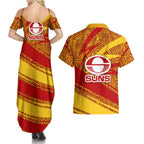 Gold Coast Suns Australian Football Couples Matching Summer Maxi Dress and Hawaiian Shirt Sunny Hero Mascot With Indigenous Pattern Art