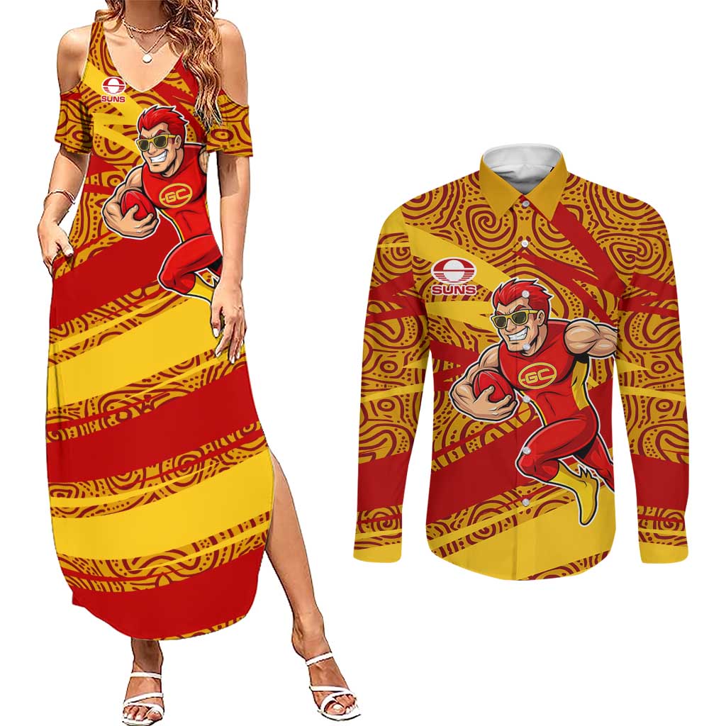 Gold Coast Suns Australian Football Couples Matching Summer Maxi Dress and Long Sleeve Button Shirt Sunny Hero Mascot With Indigenous Pattern Art