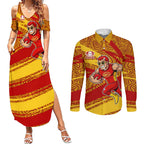 Gold Coast Suns Australian Football Couples Matching Summer Maxi Dress and Long Sleeve Button Shirt Sunny Hero Mascot With Indigenous Pattern Art