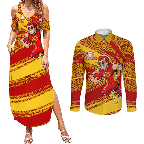 Gold Coast Suns Australian Football Couples Matching Summer Maxi Dress and Long Sleeve Button Shirt Sunny Hero Mascot With Indigenous Pattern Art
