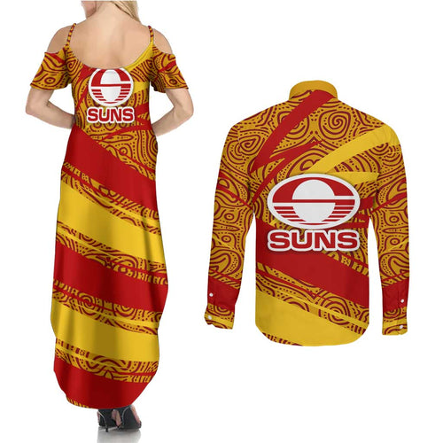 Gold Coast Suns Australian Football Couples Matching Summer Maxi Dress and Long Sleeve Button Shirt Sunny Hero Mascot With Indigenous Pattern Art