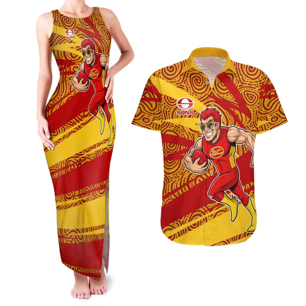 Gold Coast Suns Australian Football Couples Matching Tank Maxi Dress and Hawaiian Shirt Sunny Hero Mascot With Indigenous Pattern Art