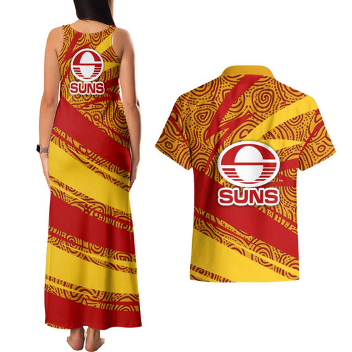Gold Coast Suns Australian Football Couples Matching Tank Maxi Dress and Hawaiian Shirt Sunny Hero Mascot With Indigenous Pattern Art