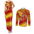 Gold Coast Suns Australian Football Couples Matching Tank Maxi Dress and Long Sleeve Button Shirt Sunny Hero Mascot With Indigenous Pattern Art