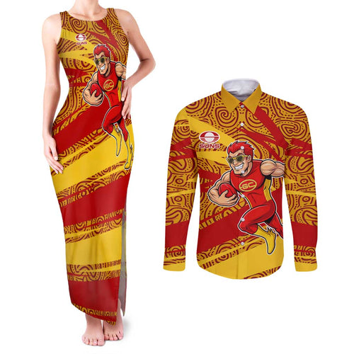 Gold Coast Suns Australian Football Couples Matching Tank Maxi Dress and Long Sleeve Button Shirt Sunny Hero Mascot With Indigenous Pattern Art