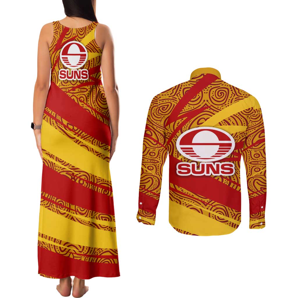 Gold Coast Suns Australian Football Couples Matching Tank Maxi Dress and Long Sleeve Button Shirt Sunny Hero Mascot With Indigenous Pattern Art
