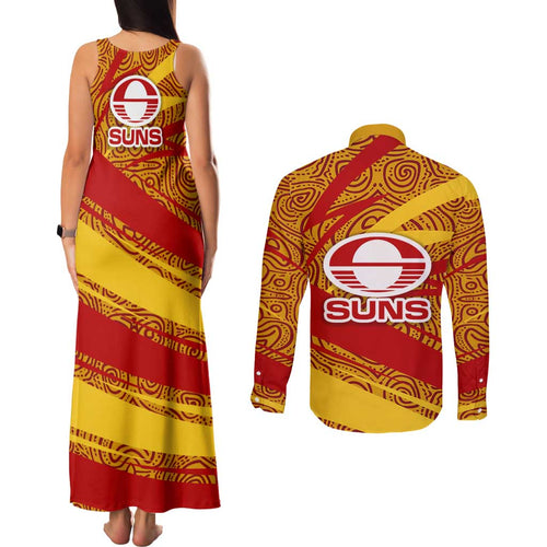 Gold Coast Suns Australian Football Couples Matching Tank Maxi Dress and Long Sleeve Button Shirt Sunny Hero Mascot With Indigenous Pattern Art