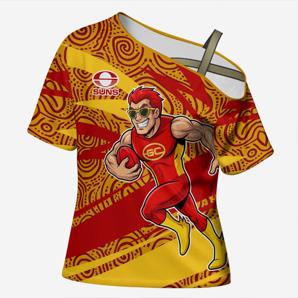 Gold Coast Suns Australian Football Cross Shoulder Shirt Sunny Hero Mascot With Indigenous Pattern Art