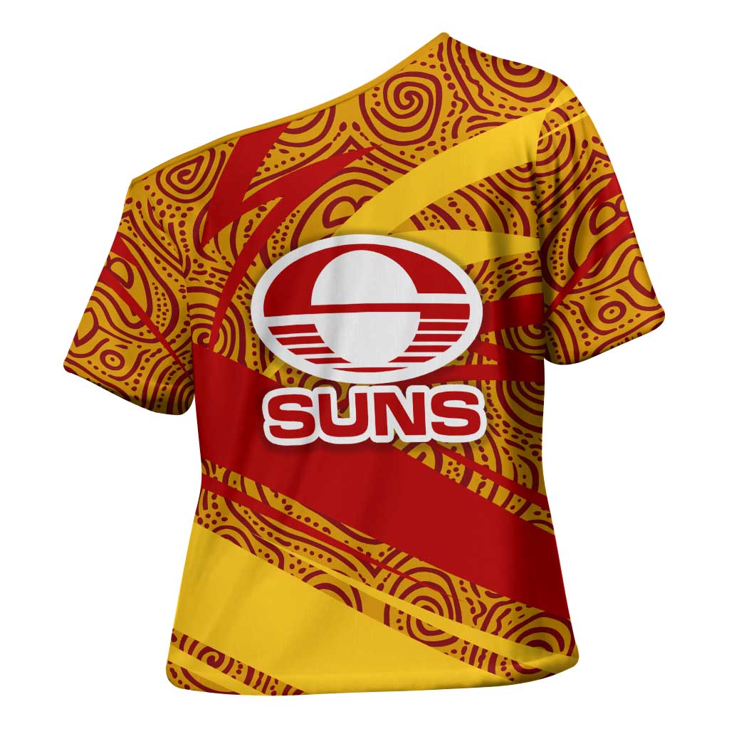 Gold Coast Suns Australian Football Cross Shoulder Shirt Sunny Hero Mascot With Indigenous Pattern Art